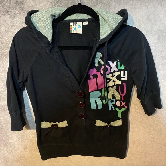 Roxy Soft Sweatshirt Hooded Henley Juniors Women Size Small Black - Picture 1 of 10